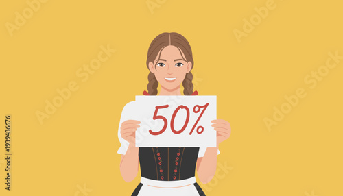 Woman in Traditional German Dress Holding 50% Discount Sign, Promotion Concept for Oktoberfest or Retail
