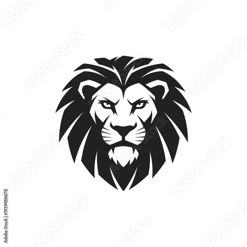 Bold graphic illustration of a roaring lion's head in black and white