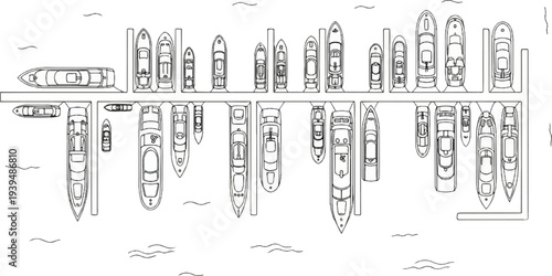 Overhead view sketch of a marina with numerous docked motorboats of varying sizes