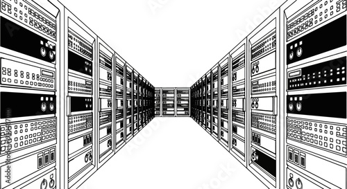 Rows of server racks receding into a white void in a line drawing