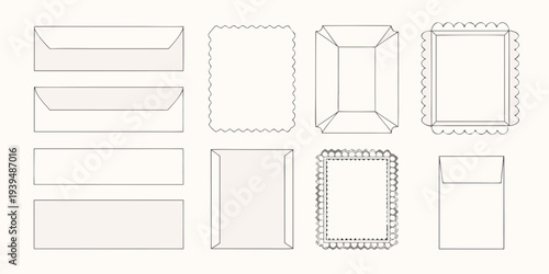 Collection of hand drawn envelope and frame shapes in neutral tones