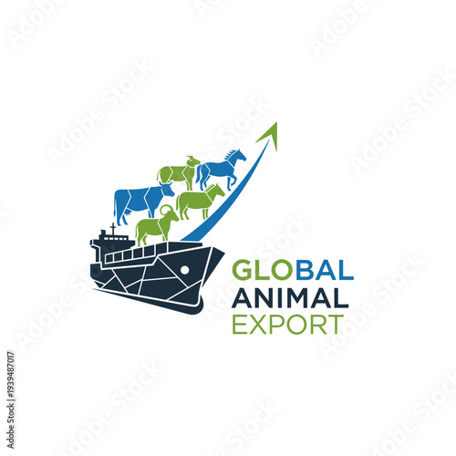 Cargo ship exporting various farm animals with an upward growth arrow and text global animal export