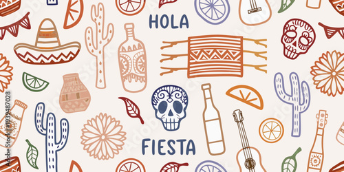 Colorful mexican fiesta pattern with traditional icons and lettering