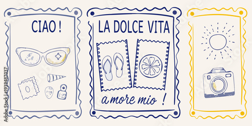Italian themed postcards with doodles and handwritten lettering