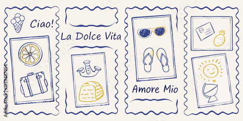 Hand drawn postcard stamps featuring italian summer travel motifs