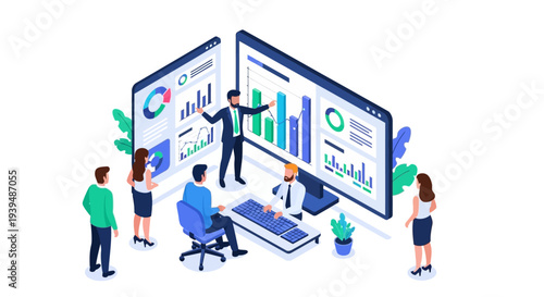 Team analyzing business data on giant computer screens together