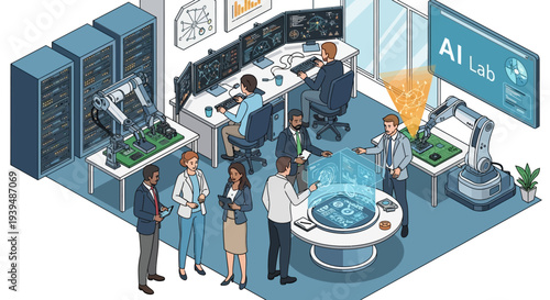 Team collaborating in modern AI research laboratory with robotic arms