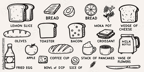 Hand drawn illustration of breakfast and food items arranged in a grid