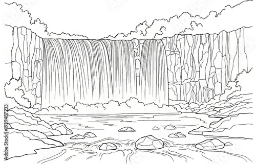 Scenic waterfall cascades over rocky cliffs into a wide, calm pool below