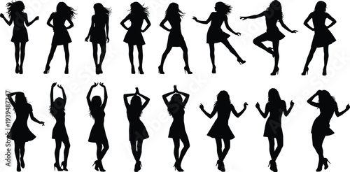 Dancing Women Silhouette Set, Young Happy Girls Posing and Dancing, Beautiful Female Figures Wearing Dresses Vector Illustration Isolated on White,