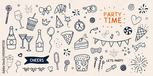 Hand drawn party elements including balloons cake and celebratory doodles