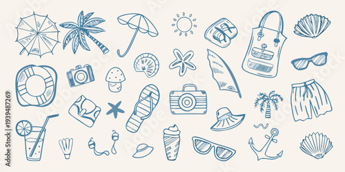 Summer vacation themed doodles featuring beach accessories and tropical elements