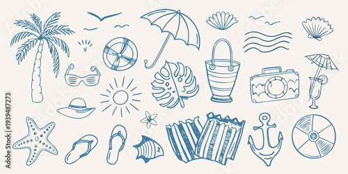 A collection of hand drawn summer and beach themed doodles