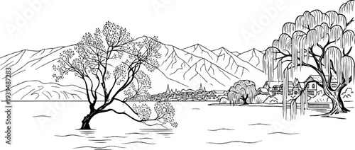 Serene lakefront with trees, a village, and distant mountains