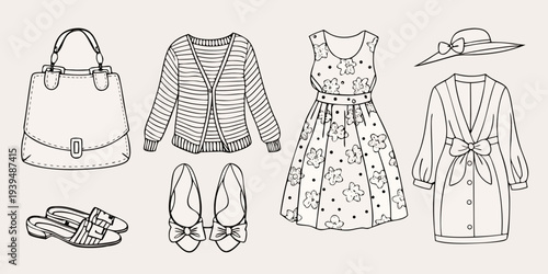 Fashion illustration displaying various clothing items and accessories