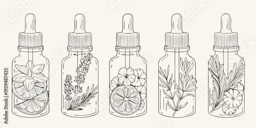 Five glass dropper bottles containing botanical specimens in line art