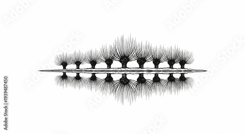 Striking black and white illustration of a symmetrical row of trees reflected in water