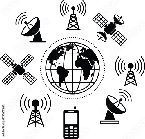 Global Telecommunications Network Icons Set, Satellite Dish and Tower Signals, World Map Communication Technology Vector Illustration Isolated on White Background,