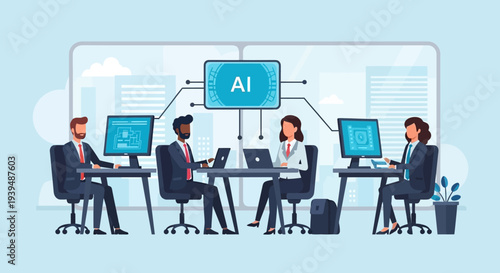 Business team working together with AI technology in modern office