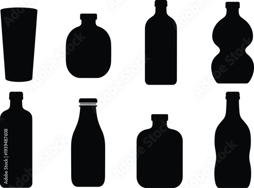 Bottle icons set with various shapes, container silhouettes, packaging design vector illustration, product identification graphic, beverage and liquid storage symbol