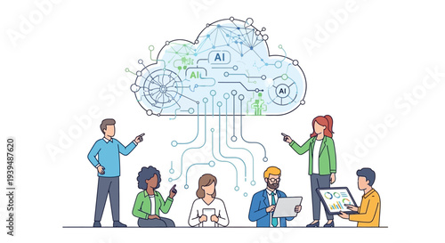 Team discussing AI technology with cloud computing concept