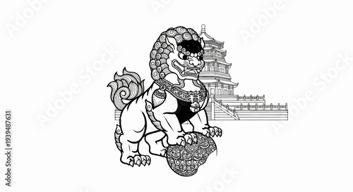 Stylized guardian lion statue in front of a tiered pagoda and stairs