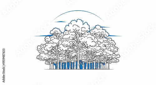Stylized illustration of a dense forest with a blue sky arc