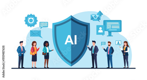Business team discussing AI technology with shield icon