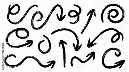 Hand drawn arrows, black swirling directional icons, curly arrow graphics, vector illustration