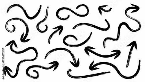 Black arrows, swirling arrows, curly arrows, direction icons, navigation symbols