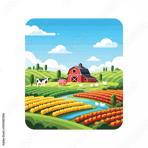Red Barn in Agricultural Landscape Scene.