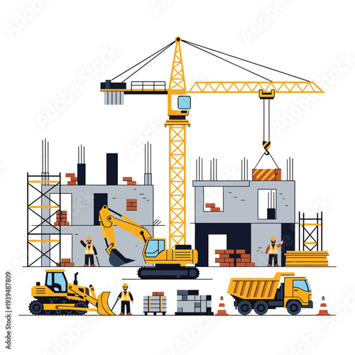 Construction Site with Crane and Machinery.