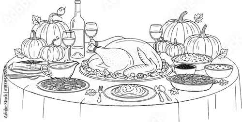 Thanksgiving feast featuring a roasted turkey, pumpkins, side dishes, and wine