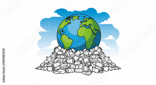 The planet rests on a massive pile of crushed aluminum cans