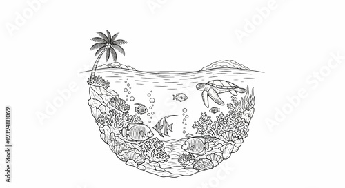 Underwater scene with turtle, fish, coral, and palm tree island