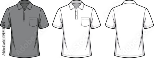 Mens polo shirt vector template, front and back views, casual short sleeve clothing design, modern fashion apparel mockup illustration