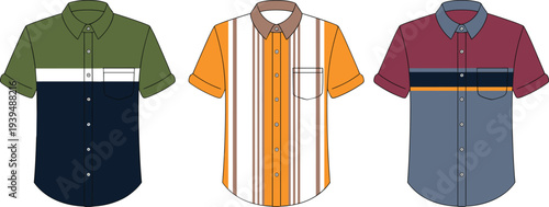 Mens short sleeve shirt vector collection, striped and color block designs, casual summer fashion clothing apparel mockup template illustration