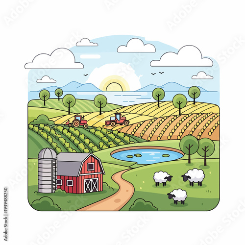 Farm Scene with Barn and Sheep Grazing.