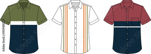 Mens short sleeve shirt vector set, striped and color block casual fashion clothing design, modern apparel template illustration