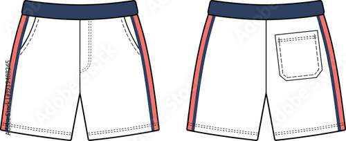 Mens sport shorts vector template, front and back view, athletic gym training shorts design, casual fitness apparel clothing mockup