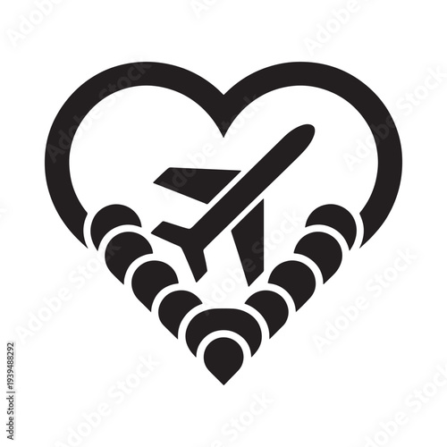 A black silhouette of an airplane flying through a heart shaped cloud