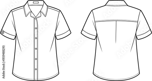 Short sleeve shirt vector template, front and back view, mens casual button down clothing design, fashion apparel outline mockup illustration