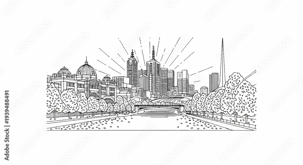 Fototapeta premium A city skyline unfolds along a tranquil river, with lush trees lining the banks