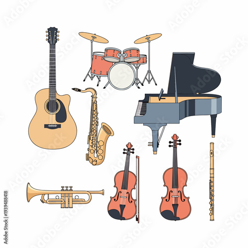 Collection of Various Musical Instruments Displayed.