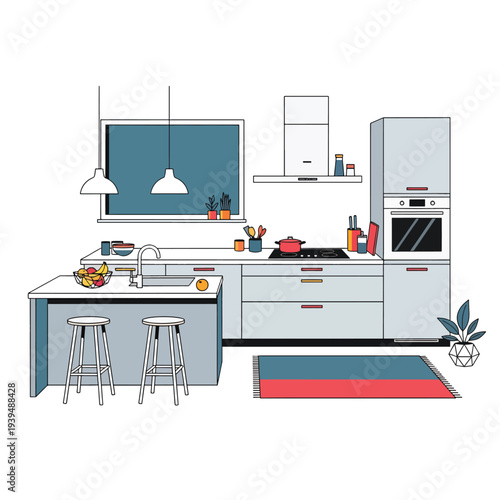 Modern Kitchen Interior with Appliances and Furniture.