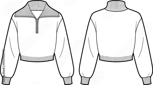 Women cropped sweater vector template, long sleeve zip collar pullover design, casual winter fashion clothing apparel front back