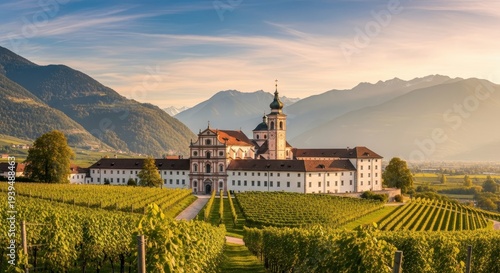 Novacella Abbey amidst vineyards in South Tyrol, Italy.