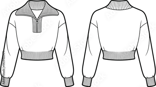 Women cropped sweater vector template, zip collar knit pullover design, casual winter fashion clothing apparel front and back