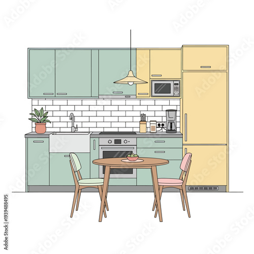 Modern Kitchen Illustration with Dining Table.
