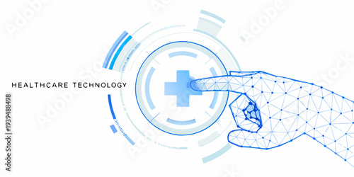 Digital hand interacts with a glowing healthcare technology interface